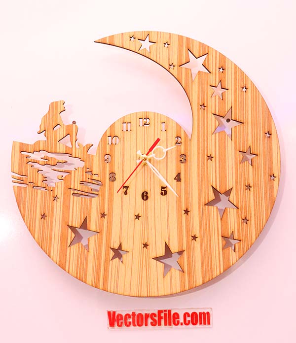 Laser Cut Wooden Moon and Stars Wall Clock with Girl CDR and DXF File
