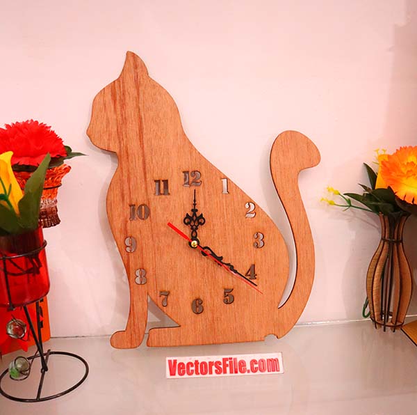 Laser Cut Wooden Cat Wall Clock Plywood Animal Clock DXF and CDR File