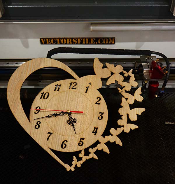 Wooden Heart and Butterflies Wall Clock Laser Cut CDR and SVG Vector File
