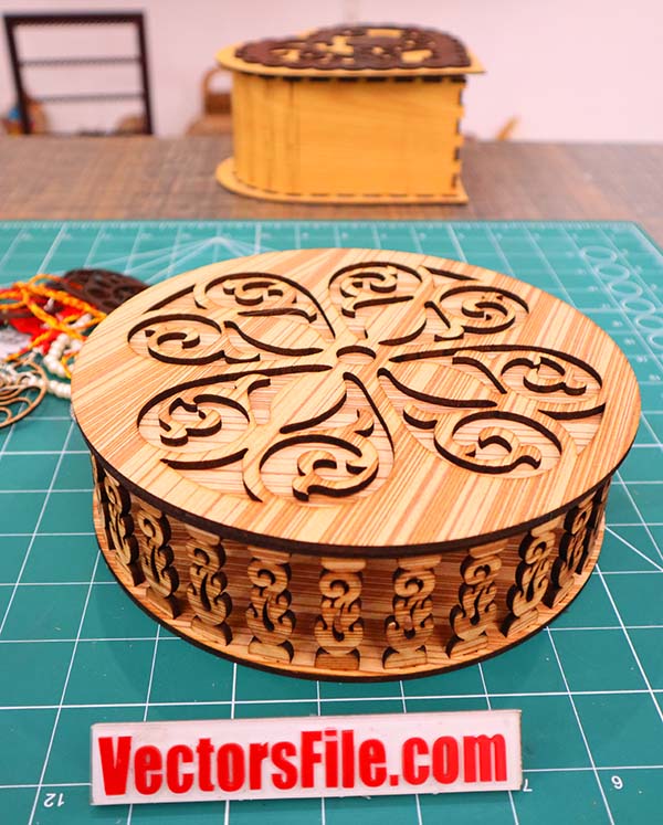 Laser Cut Wooden Round Jewelry Box Gift Box Wedding Box Jewellery Box CDR and DXF File