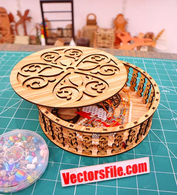 Laser Cut Wooden Round Jewelry Box Gift Box Wedding Box Jewellery Box CDR and DXF File
