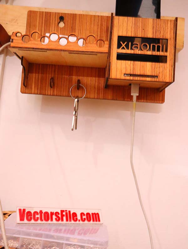Laser Cut Wall Mounted Mobile Holder with Shelf and Key Organizer CDR and DXF File