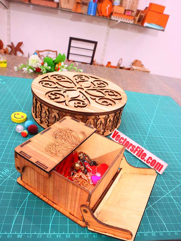 Laser Cut Wooden Jewelry Box Gift Box Round Box Butterfly Box Vector File