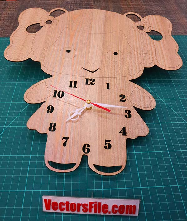 Laser Cut Wooden Wall Clock for Kids Doll Clock Design Kids Clock CDR and DXF File