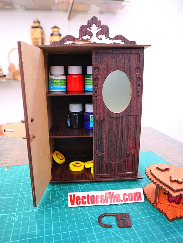 Laser Cut Wooden Doll House Furniture Wooden Almirah Jewelry Box Almirah CDR and DXF File
