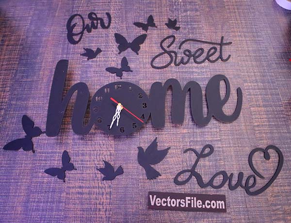 Laser Cut 3D Wooden Wall Clock Our Sweet Home Wall Clock Design DXF and CDR File