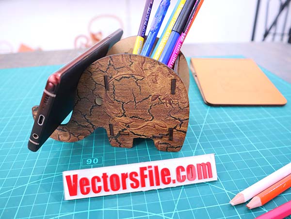 Laser Cut Wooden Elephant Pencil Box Pen Holder Desk Organizer Pencil Stand DXF and CDR File