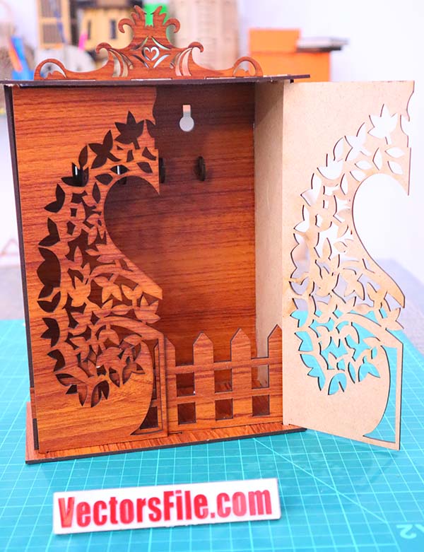 Laser Cut Wall Mounted Key Holder with Storage Shelf Keychain Hook Vector File