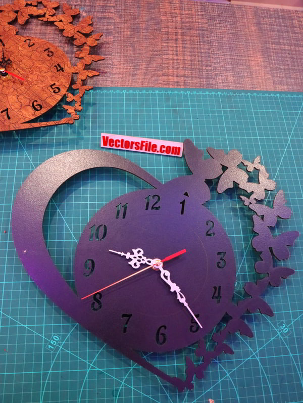 Laser Cut Wooden Heart Shape Wall Clock with Butterfly SVG and DXF File
