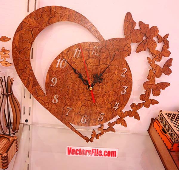 Laser Cut Wooden Butterfly with Heart Wall Clock Design Clock for Wall Decor Vector File