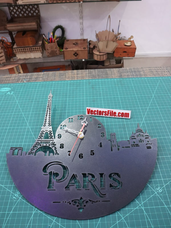 Laser Cut Wooden Wall Paris Clock Eiffel Tower Decorative Wall Clock CDR and DXF File