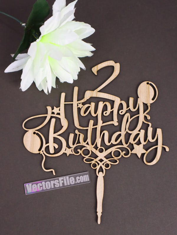 Laser Cut Wooden Happy 2nd Birthday Cake Topper Design CDR and DXF File