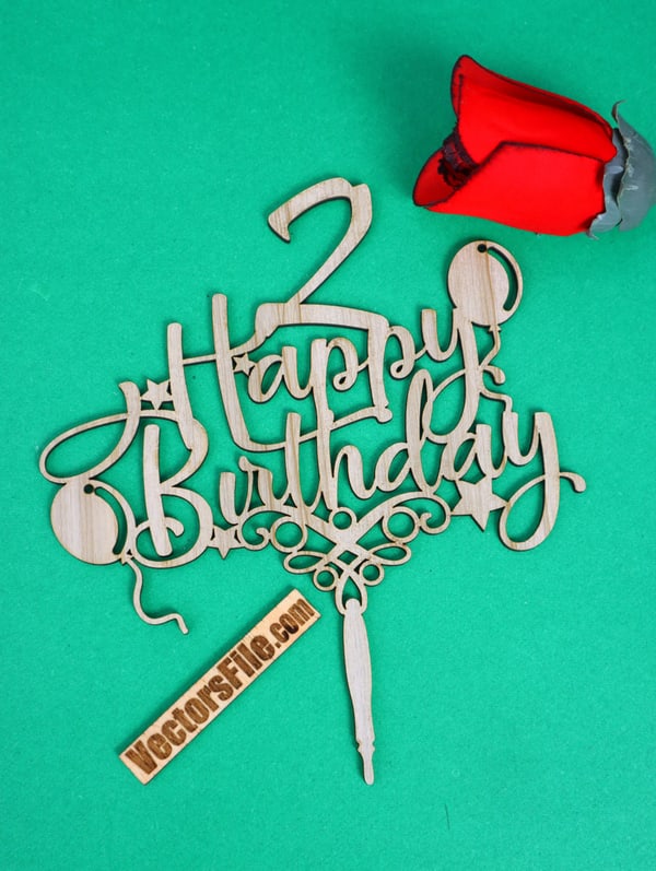 Laser Cut Wooden Happy 2nd Birthday Cake Topper Design CDR and DXF File