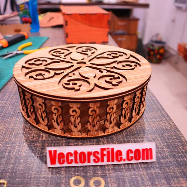 Laser Cut Wooden Round Jewelry Box Chocolate Box Gift Box CDR and SVG File