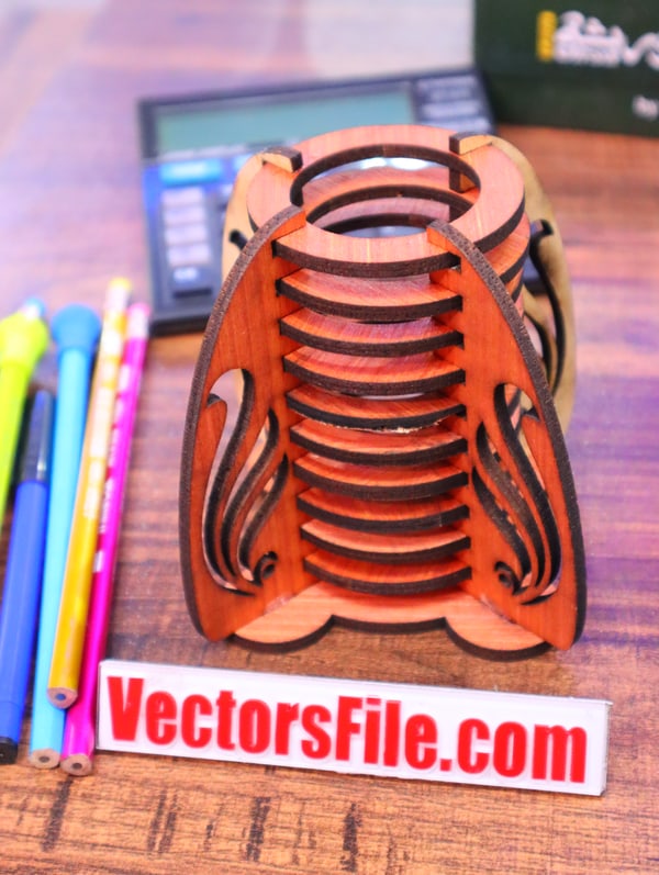 Laser Cut Wooden Round Pencil Holder Office Desk Organizer Pen Stand CDR and DXF File