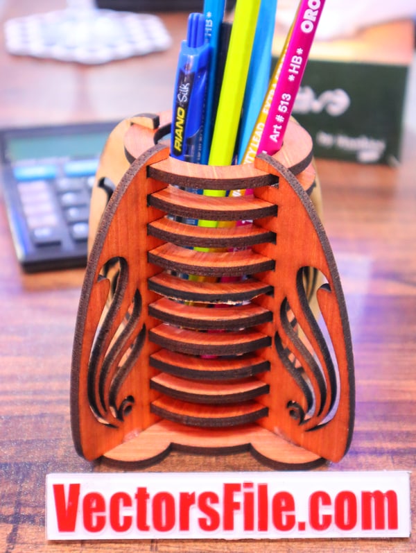 Laser Cut Wooden Round Pencil Holder Office Desk Organizer Pen Stand CDR and DXF File