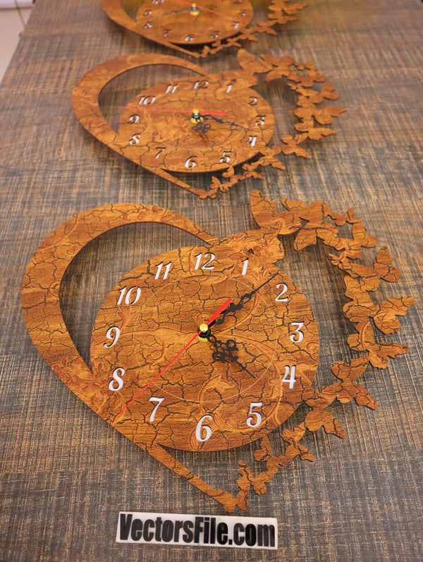 Laser Cut Heart Shape with Butterfly Wall Clock PDF and Ai Vector File