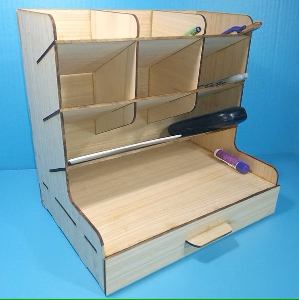 Laser Cut Wooden Office Desk Organizer Pencil Holder with Storage Drawer Plywood 3mm SVG File