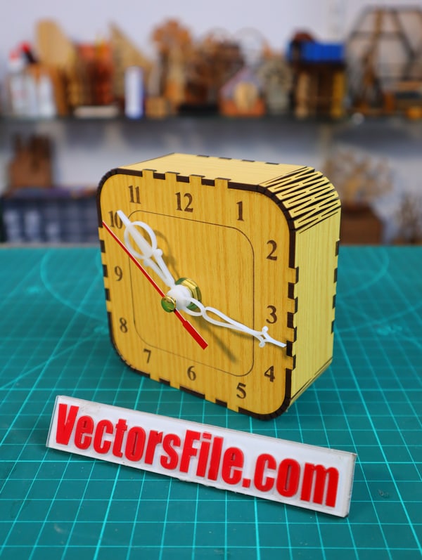 Laser Cut Wooden Table Clock Square Clock with Living Hing CDR and DXF File
