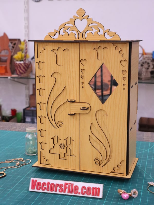 Laser Cut Wooden Jewelry Almirah Makeup Wooden Box CDR and DXF File