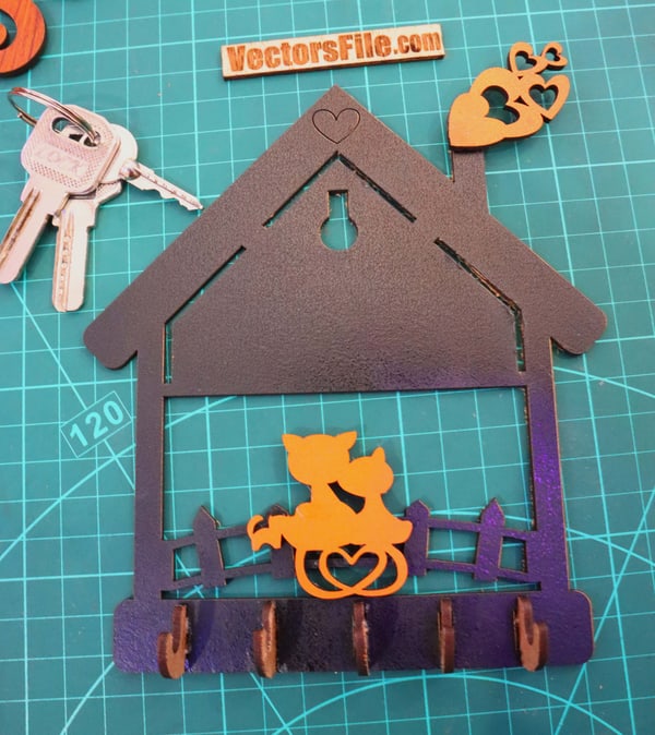 Laser Cut Wooden Wall Mounted Key Holder House Shape Key Hanger CDR and DXF File