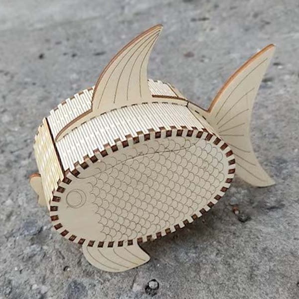 Laser Cut 3D Wooden Puzzle Gift Box Fish Shape Puzzle Box Jewelry Box CDR and DXF File