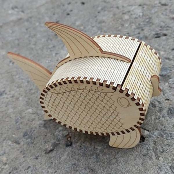 Laser Cut 3D Wooden Puzzle Gift Box Fish Shape Puzzle Box Jewelry Box CDR and DXF File