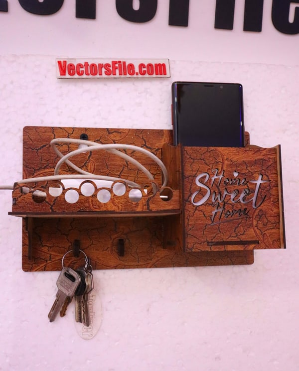 Laser Cut Wall Mounted Mobile Stand Key Holder with Storage Shelf CDR and DXF File