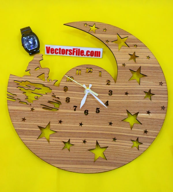 Laser Cut Moon Wall Clock with Girl Decorative Clock for Room DXF and CDR File