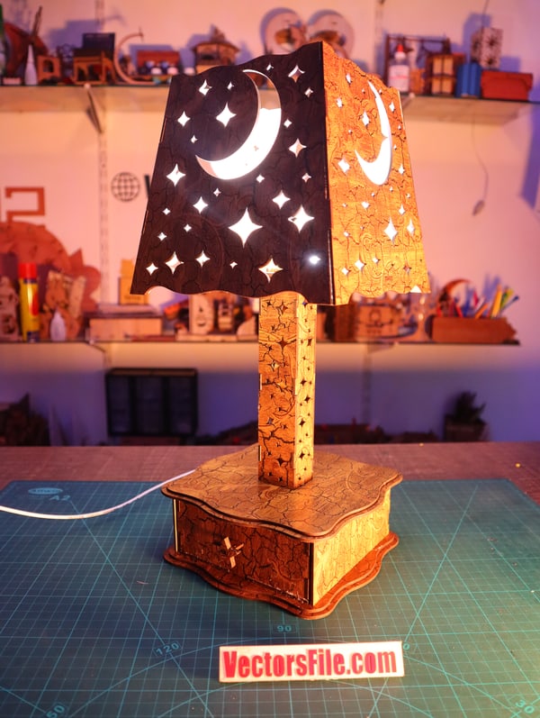 Laser Cut Wooden Table Lamp Unique Design Wooden Desk Lamp with Drawer DXF and CDR File