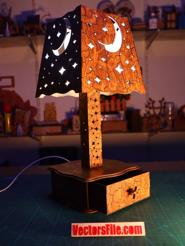 Laser Cut Wooden Table Lamp Unique Design Wooden Desk Lamp with Drawer DXF and CDR File