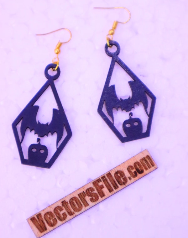 Laser Cut Wooden Earring Bat with Pumpkin Halloween Jewelry Design DXF and CDR File