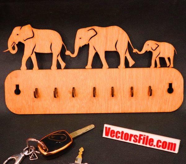 Laser Cut Wooden Housekeeper Elephant Family Key Holder DXF and CDR File