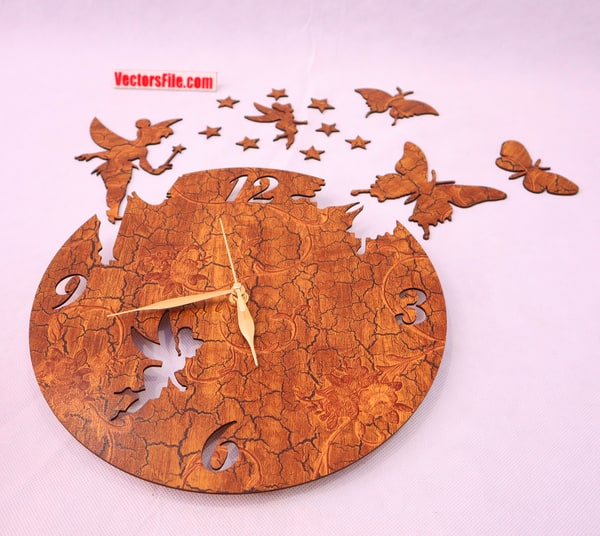 Laser Cut Fairy with Butterfly 3D Wooden Wall Clock Design DXF and CDR File