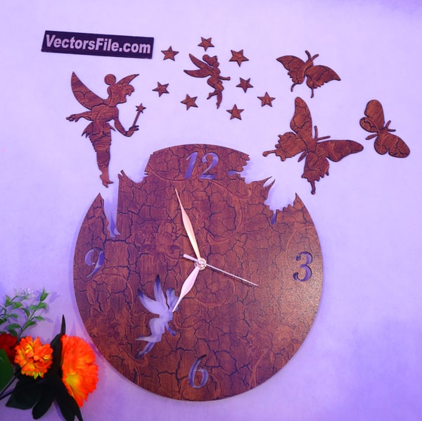 Laser Cut Fairy with Butterfly 3D Wooden Wall Clock Design DXF and CDR File