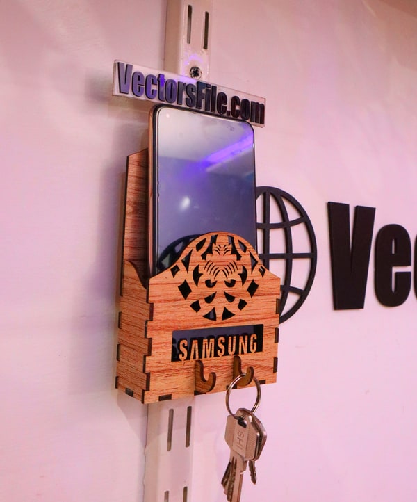 Laser Cut Wooden Wall Mounted Mobile Phone Holder with Key Organizer DXF and CDR File