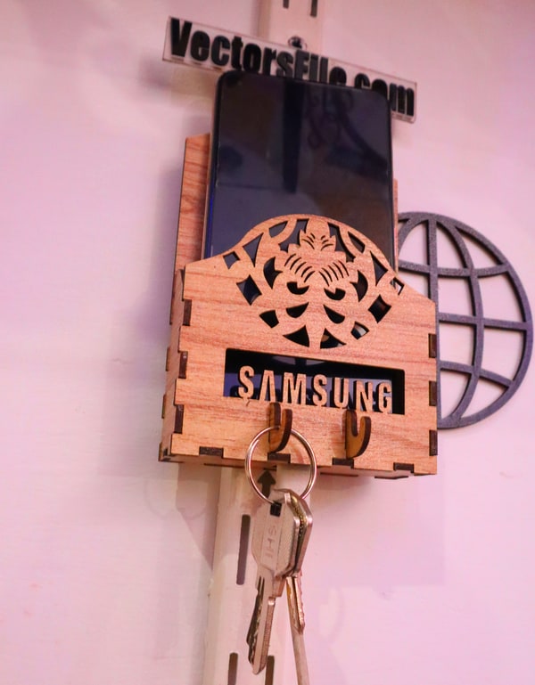 Laser Cut Wooden Wall Mounted Mobile Phone Holder with Key Organizer DXF and CDR File
