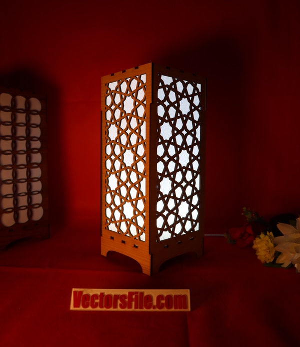 Laser Cut Wooden Square Box LED Lamp Grill Pattern Night Light Lamp Template DXF and CDR File