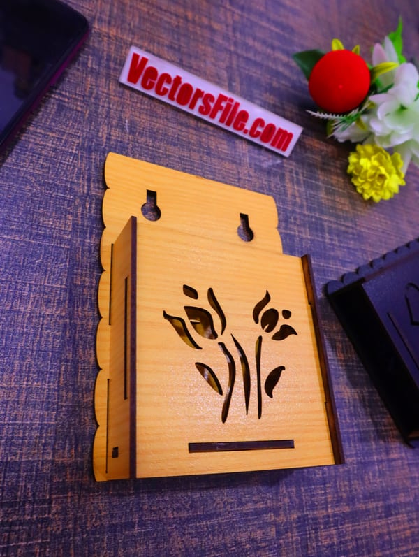 Laser Cut Wooden Wall Mounted Mobile Holder with Flower Decor DXF and CDR File