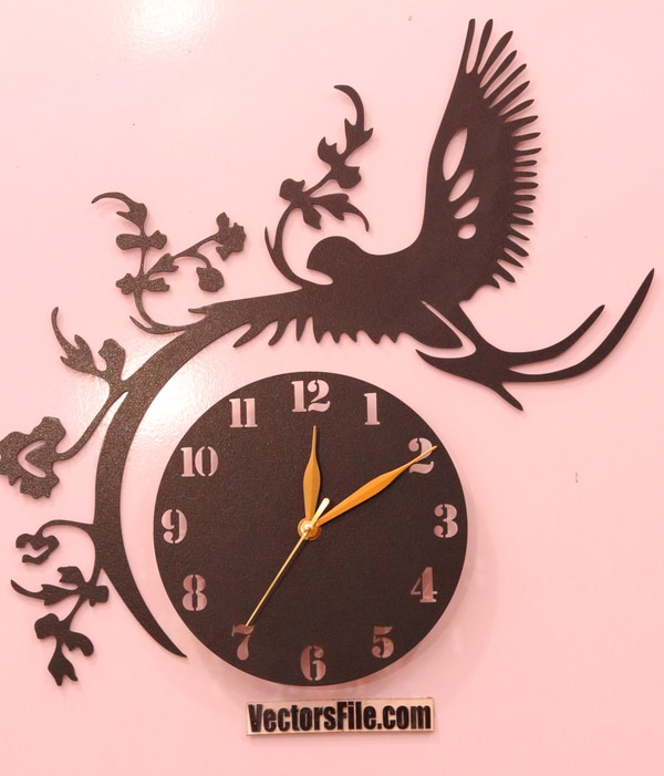 Laser Cut 3D Flying Bird Clock Wooden Wall Clock Template SVG and Ai Vector File