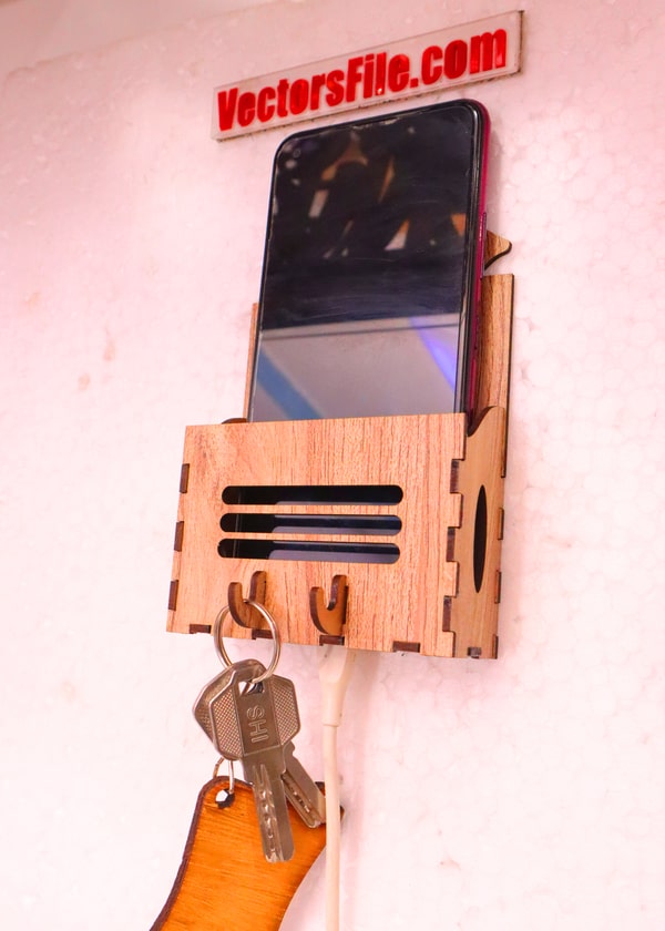 Laser Cut Wooden Wall Mounted Mobile Holder with Key Hook DXF and CDR File
