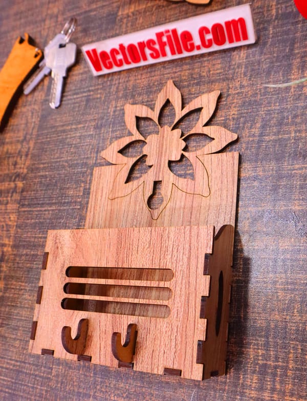 Laser Cut Wooden Wall Mounted Mobile Holder with Key Hook DXF and CDR File