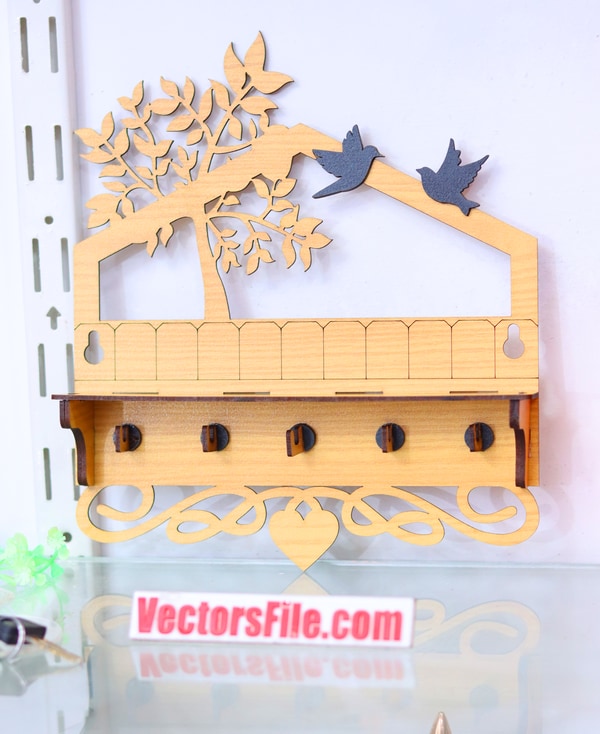 Laser Cut Wooden Wall Mounted Key Holder with Birds Key Holder 3mm DXF and CDR File