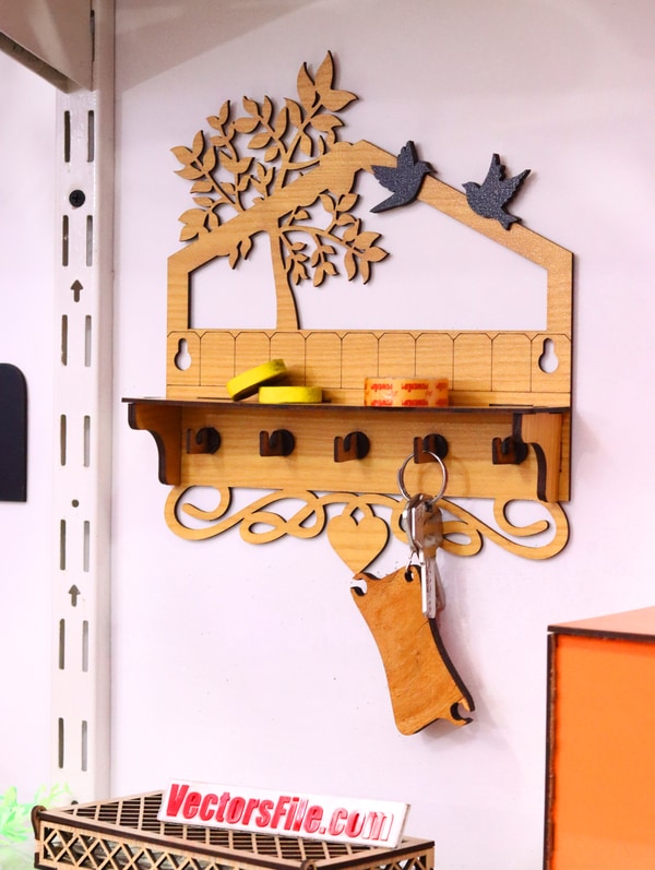 Laser Cut Wooden Wall Mounted Key Holder with Birds Key Holder 3mm DXF and CDR File
