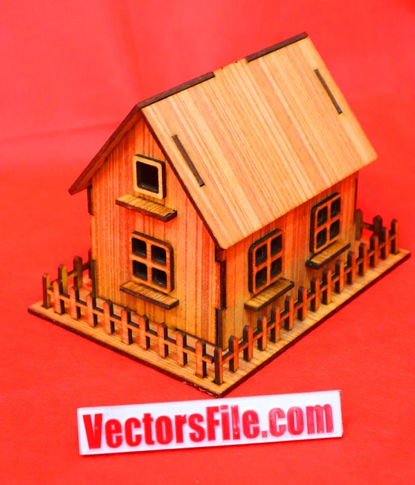 Laser Cut Wooden House Model with Fence 3D Puzzle Doll House DXF and CDR File