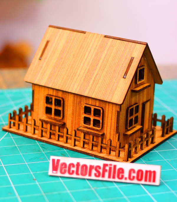 Laser Cut Wooden House Model with Fence 3D Puzzle Doll House DXF and CDR File