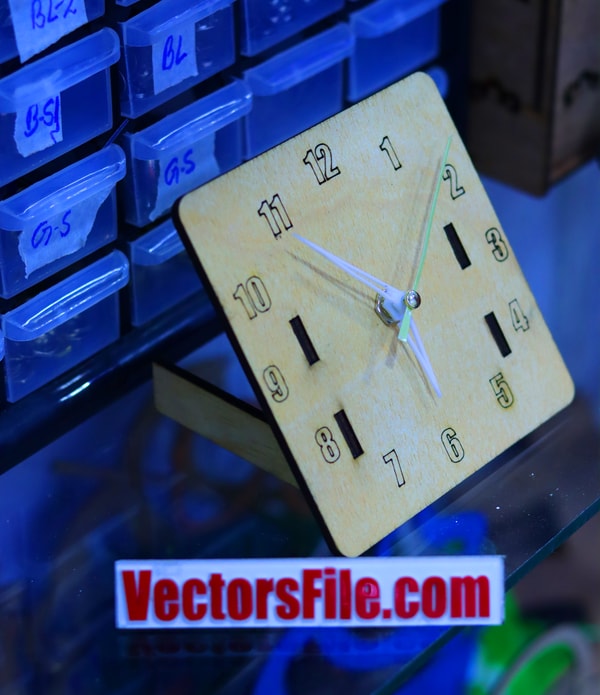 Laser Cut Wooden Square Table Clock with Stand 4mm DXF and CDR File
