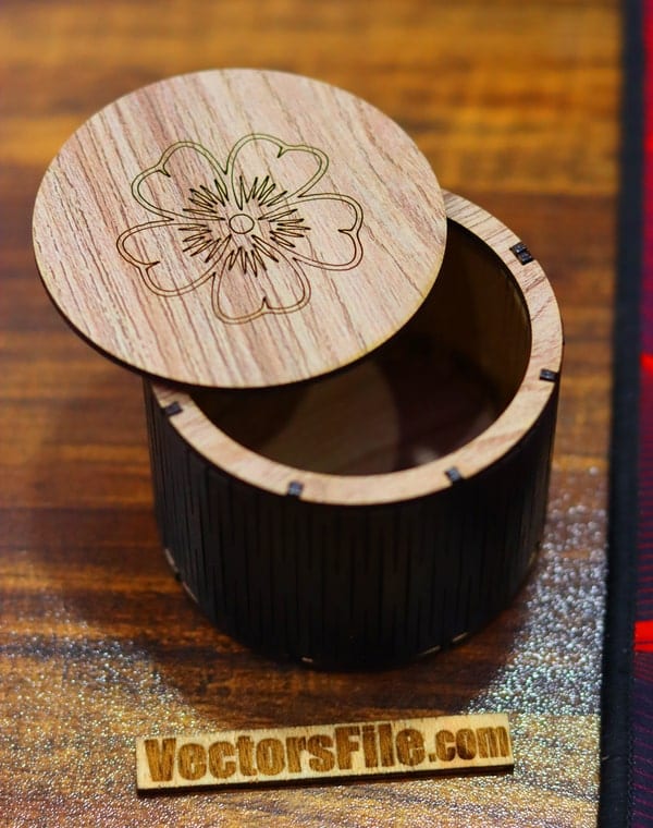 Laser Cut Wooden Round Gift Box Ring Box Jewelry Box wit Living Hinges Vector File