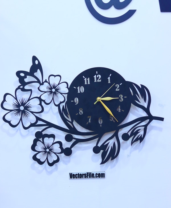 Laser Cut Flower Wall Clock with Butterfly Design DXF and CDR File