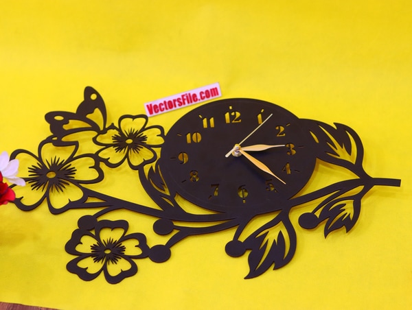 Laser Cut Flower Wall Clock with Butterfly Design DXF and CDR File